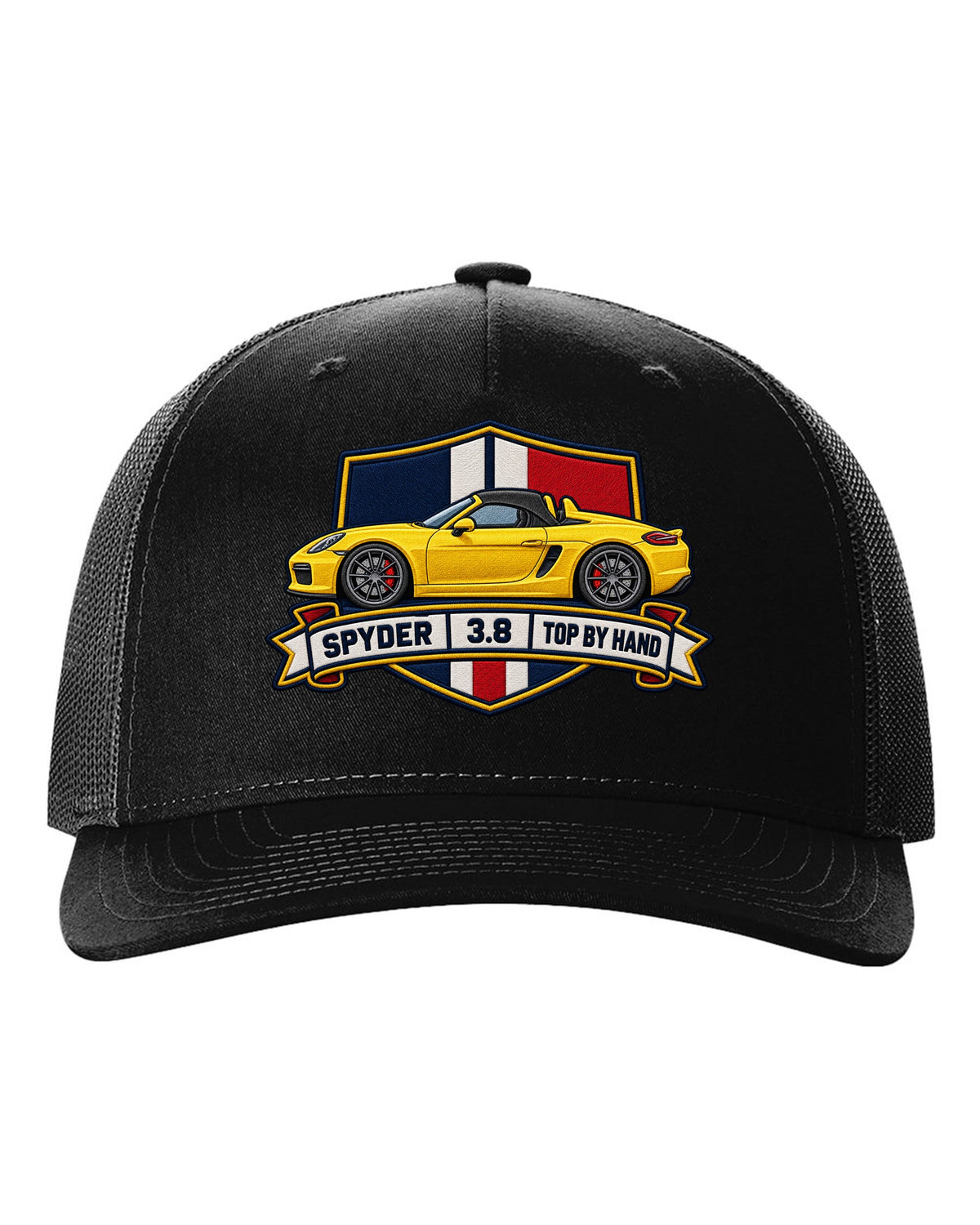 Embroidery-style crest design for the Porsche 981 Boxster Spyder with 3.8 and top by hand lettering black hat front view with the design