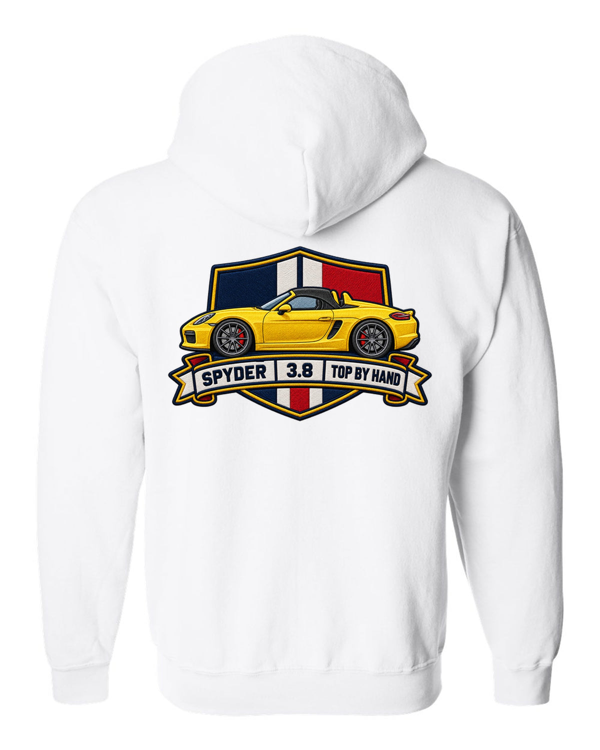 Embroidery-style crest design for the Porsche 981 Boxster Spyder with 3.8 and top by hand lettering white zip hoodie back view with the design