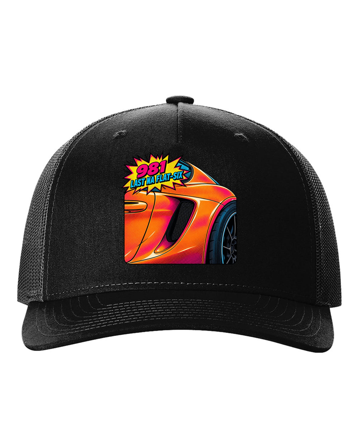 Pop-art halftone print of a Porsche 981 Cayman GTS intake with the text 981, last NA flat-six black hat front view with the design