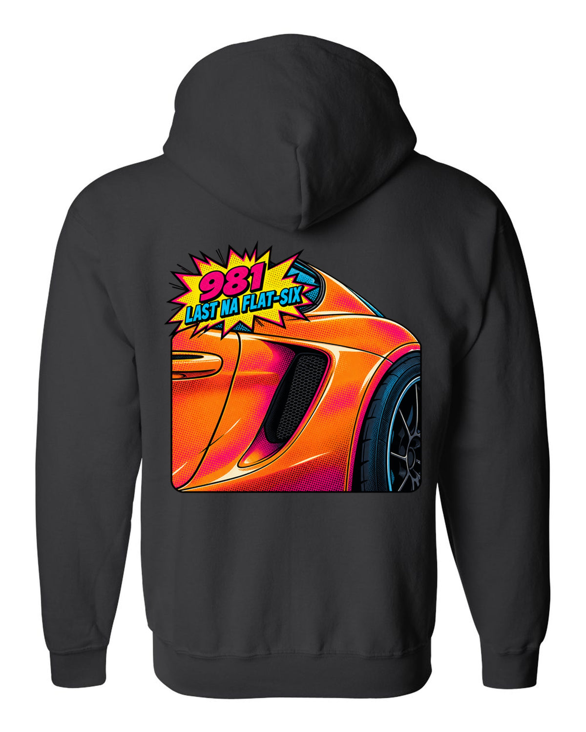 Pop-art halftone print of a Porsche 981 Cayman GTS intake with the text 981, last NA flat-six black zip hoodie back view with the design