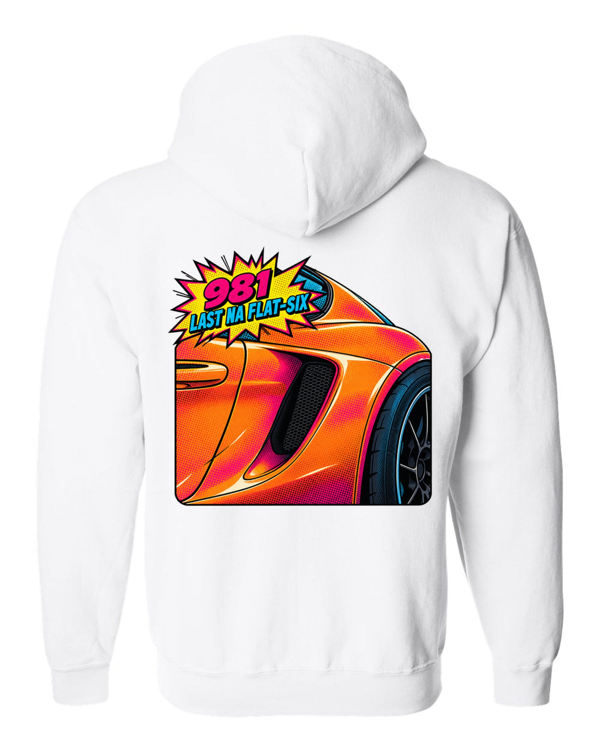 Pop-art halftone print of a Porsche 981 Cayman GTS intake with the text 981, last NA flat-six white zip hoodie back view with the design