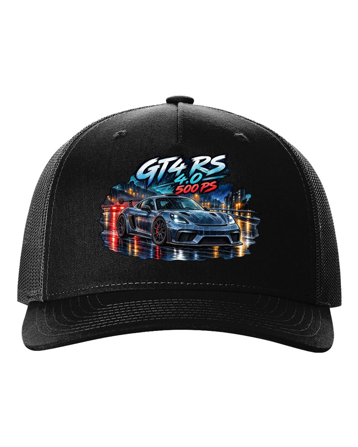 Porsche 982 Cayman GT4 RS wet road night watercolour design with 4.0 500 PS text black hat front view with the design