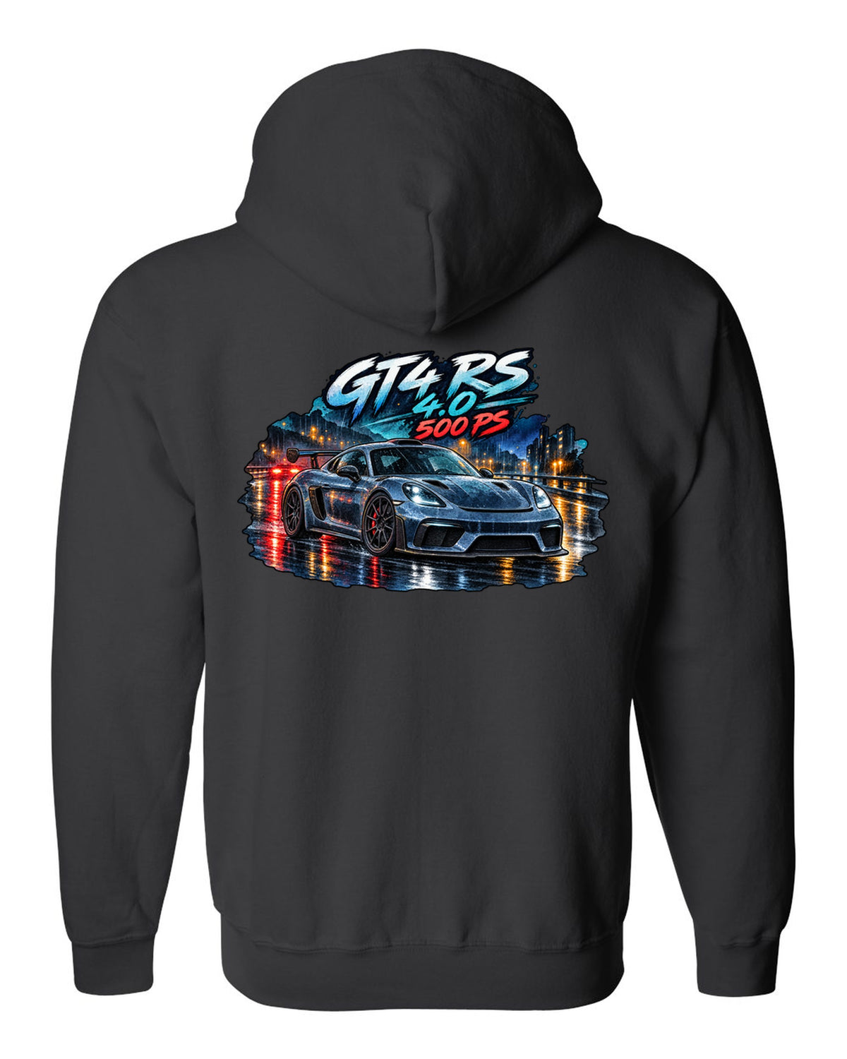Porsche 982 Cayman GT4 RS wet road night watercolour design with 4.0 500 PS text black zip hoodie back view with the design