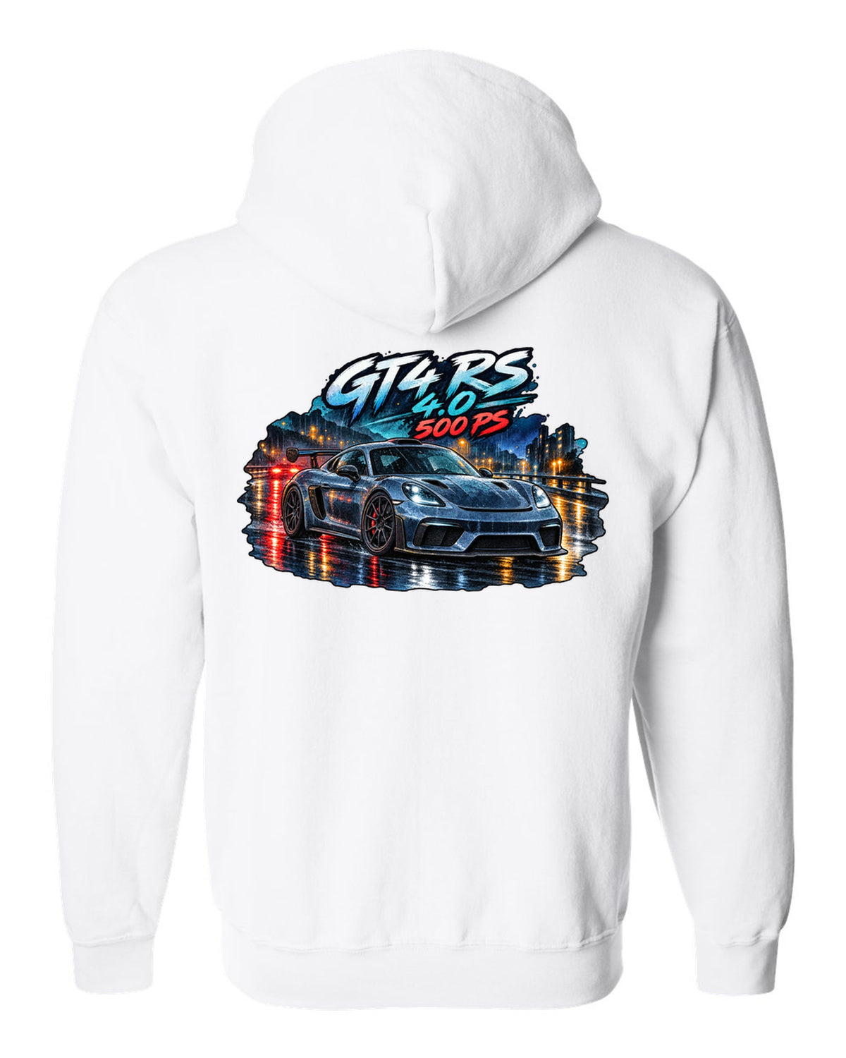 Porsche 982 Cayman GT4 RS wet road night watercolour design with 4.0 500 PS text white zip hoodie back view with the design
