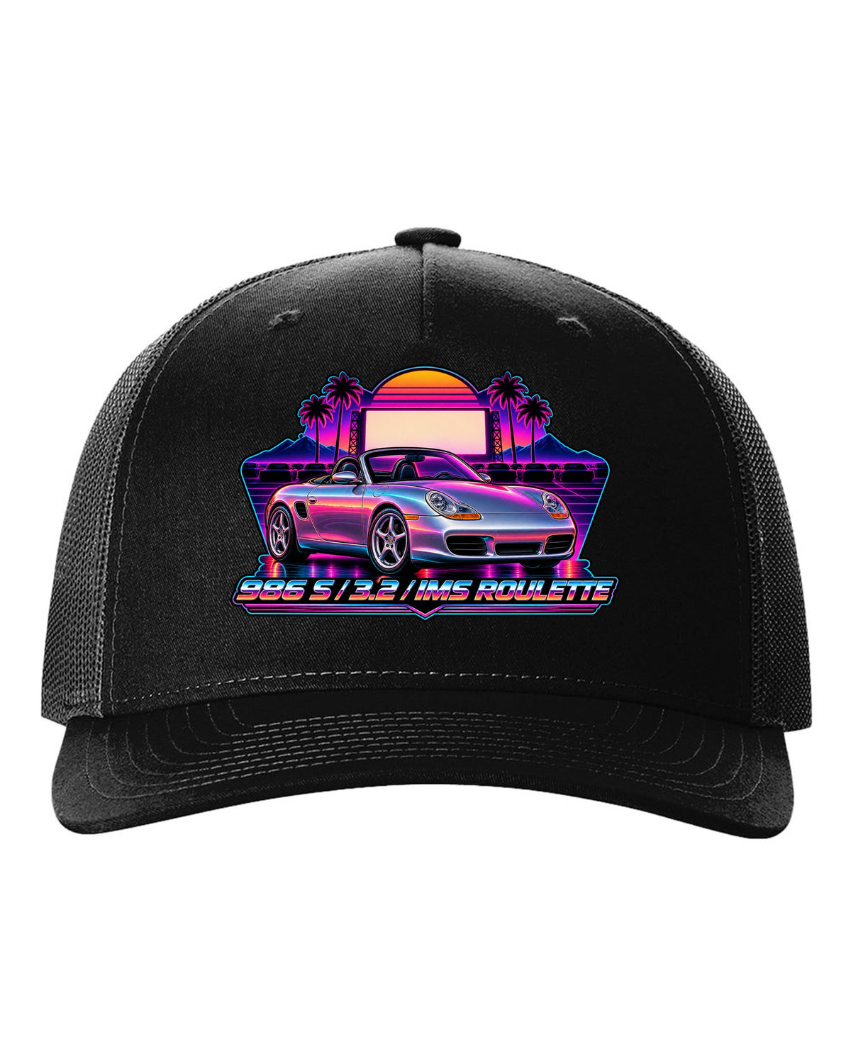 Porsche 986 Boxster S synthwave outrun design with IMS roulette lettering black hat front view with the design