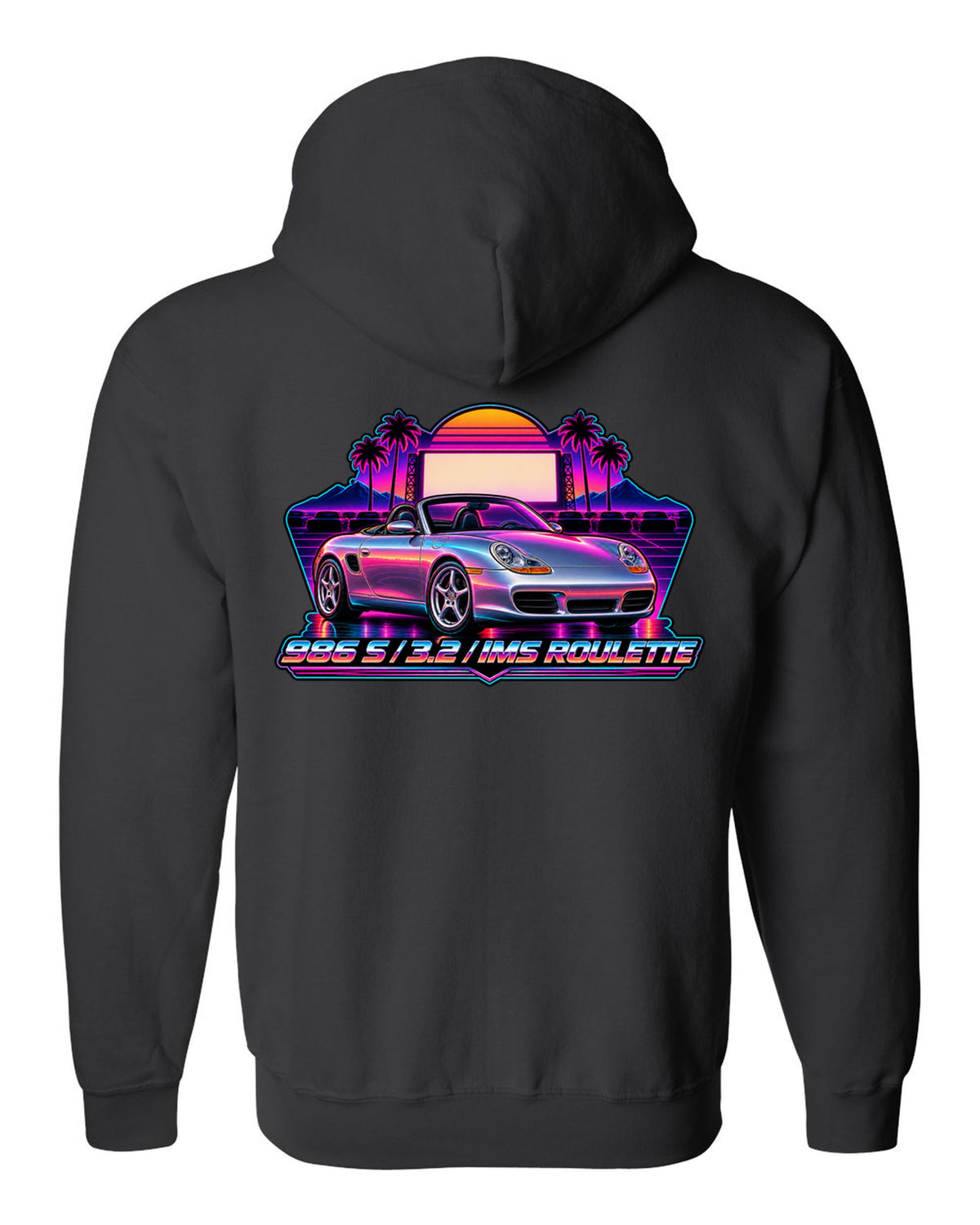 Porsche 986 Boxster S synthwave outrun design with IMS roulette lettering black zip hoodie back view with the design