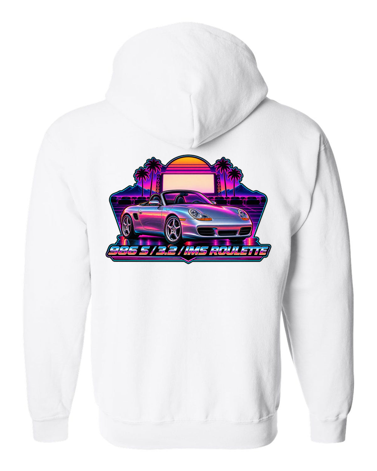 Porsche 986 Boxster S synthwave outrun design with IMS roulette lettering white zip hoodie back view with the design