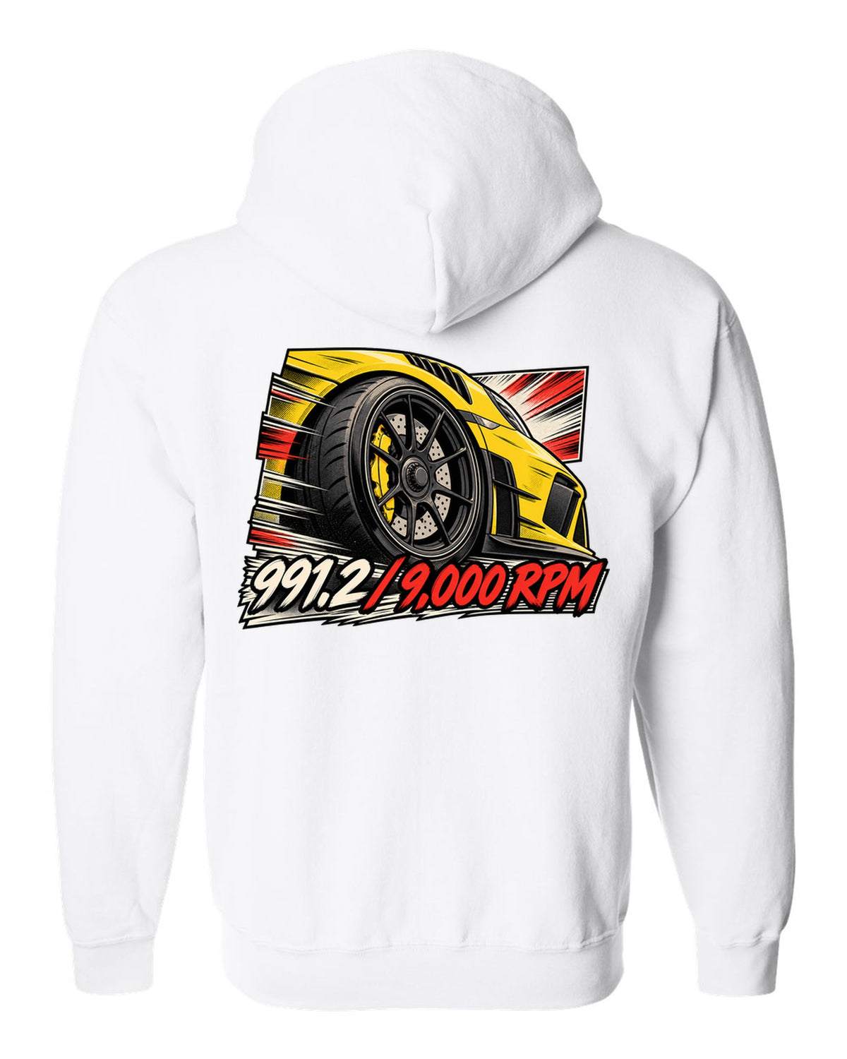 Porsche 991.2 GT3 RS retro manga panel with centre lock wheel and 9,000 RPM text white zip hoodie back view with the design