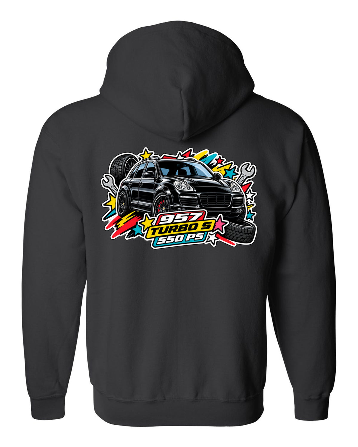 Porsche 991 R patent line art coupe design with 6-speed and 991 built text black zip hoodie back view with the design