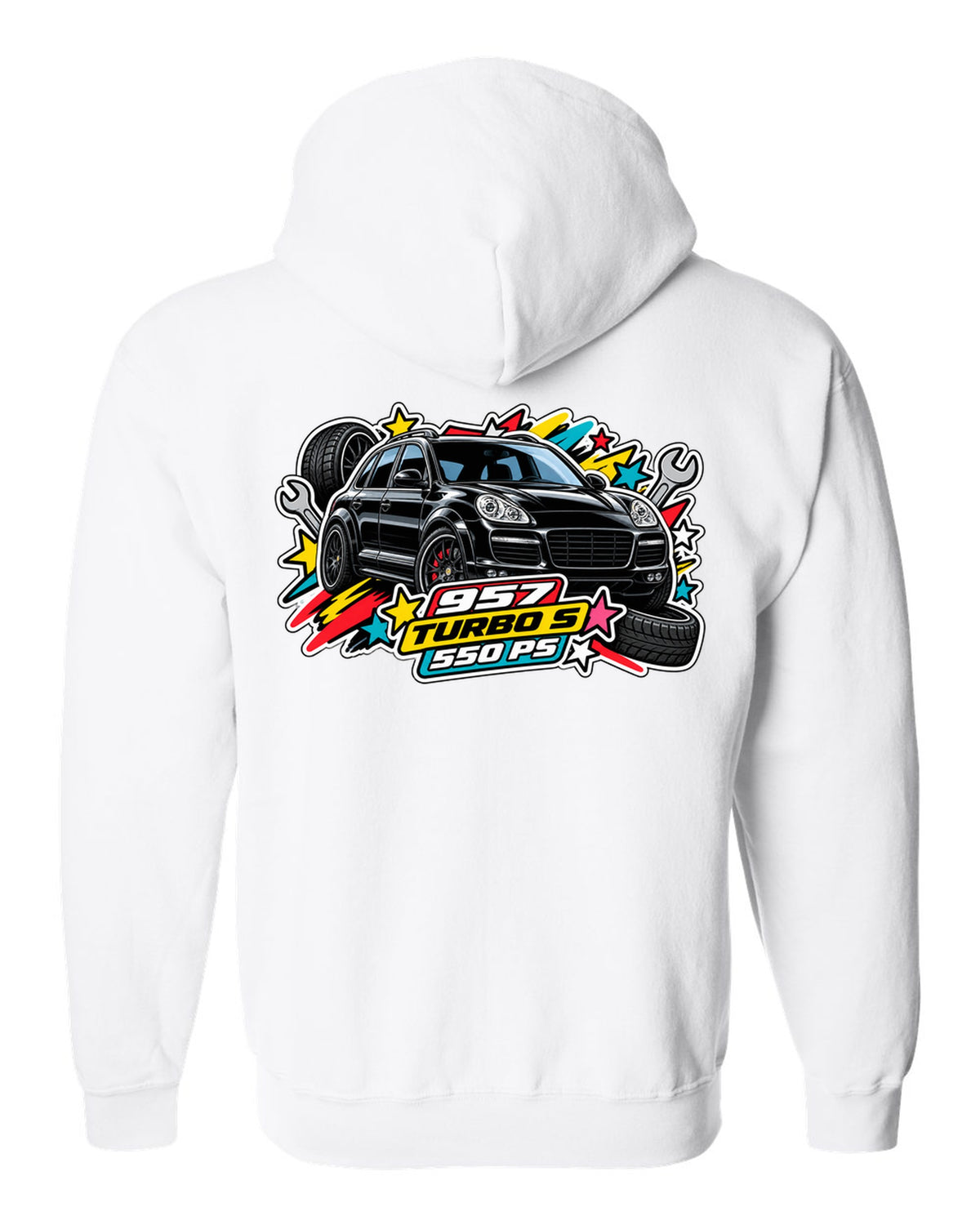 Porsche 991 R patent line art coupe design with 6-speed and 991 built text white zip hoodie back view with the design