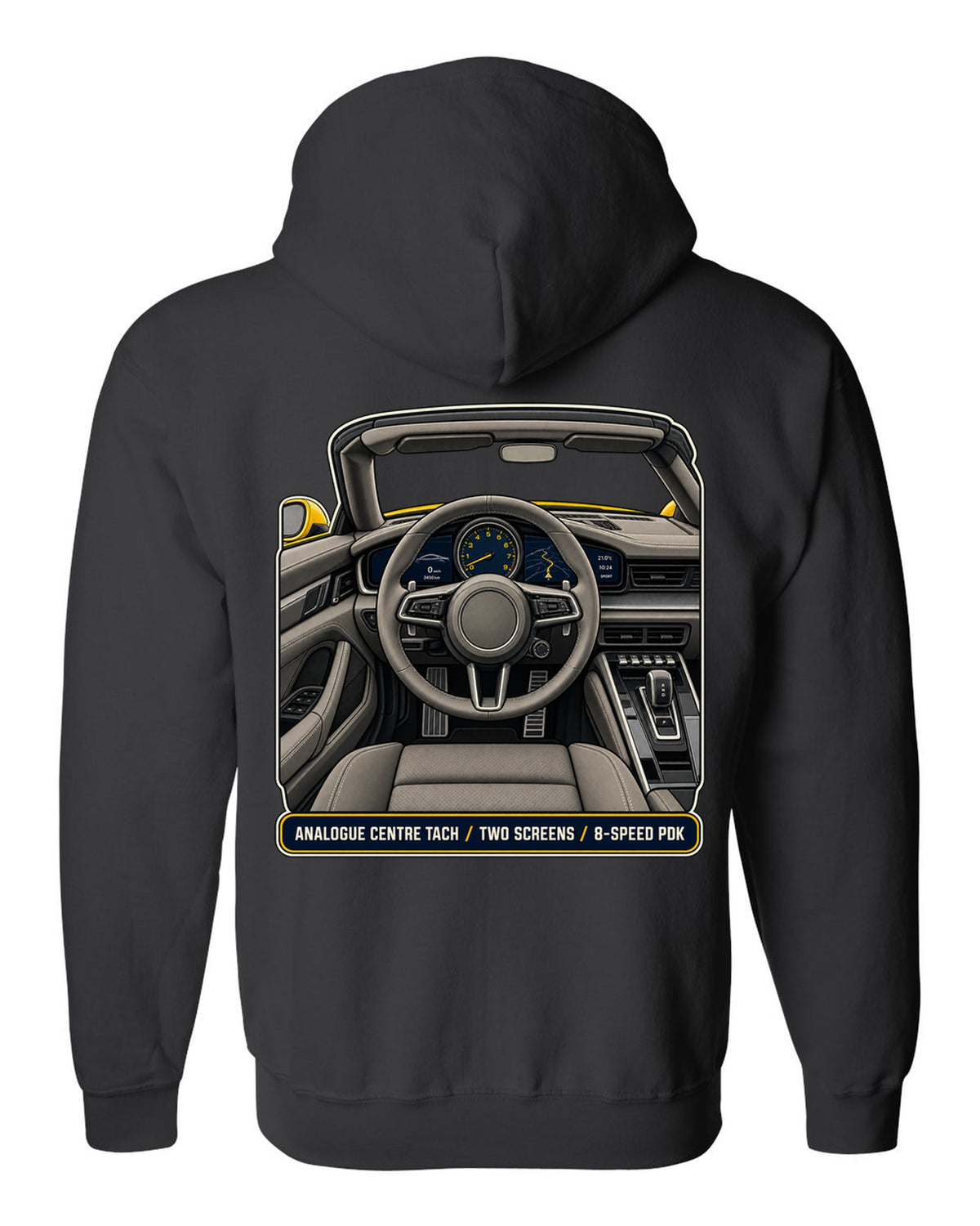 Cockpit and gauge print of a Porsche 992 Carrera S Cabriolet black zip hoodie back view with the design