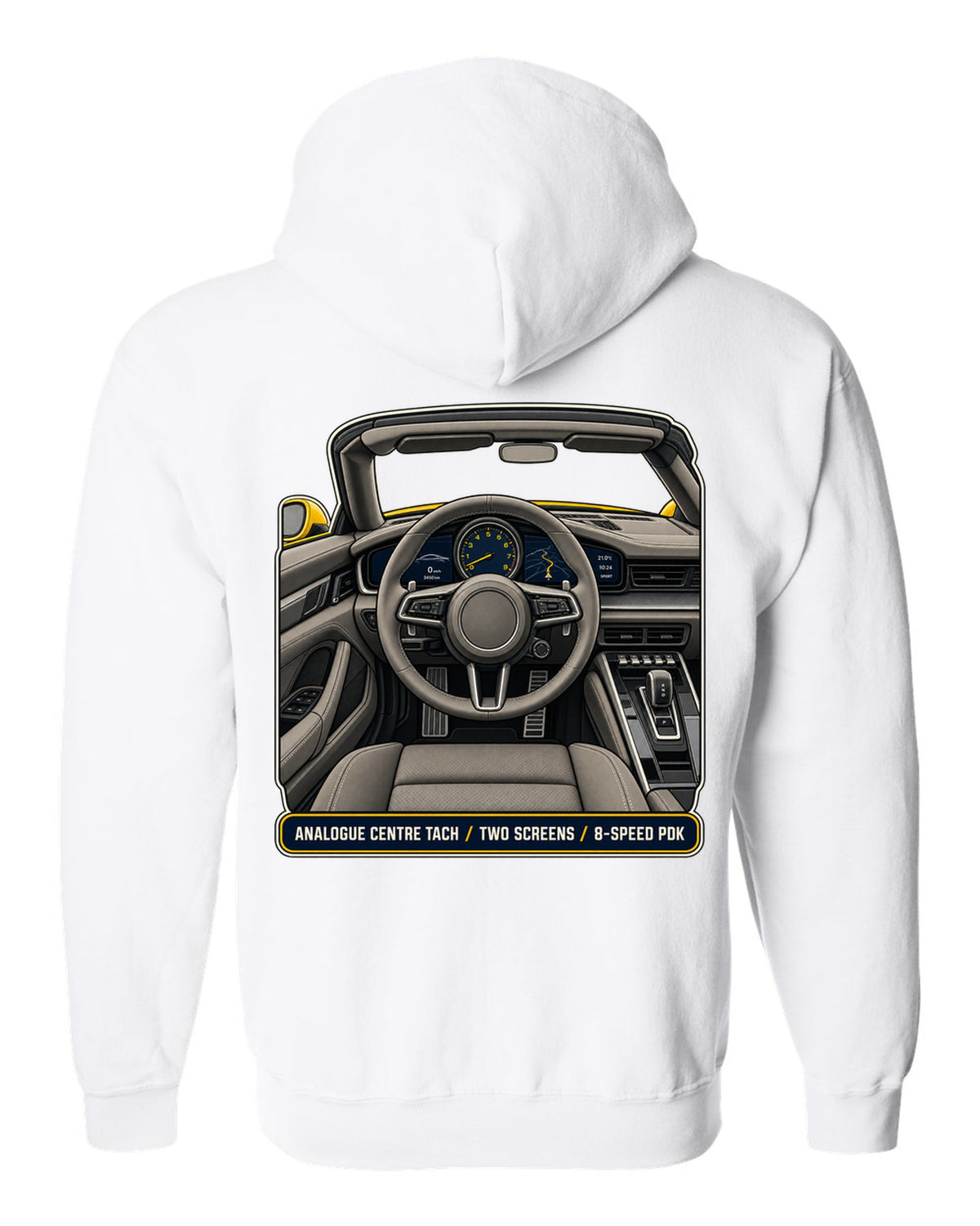 Cockpit and gauge print of a Porsche 992 Carrera S Cabriolet white zip hoodie back view with the design
