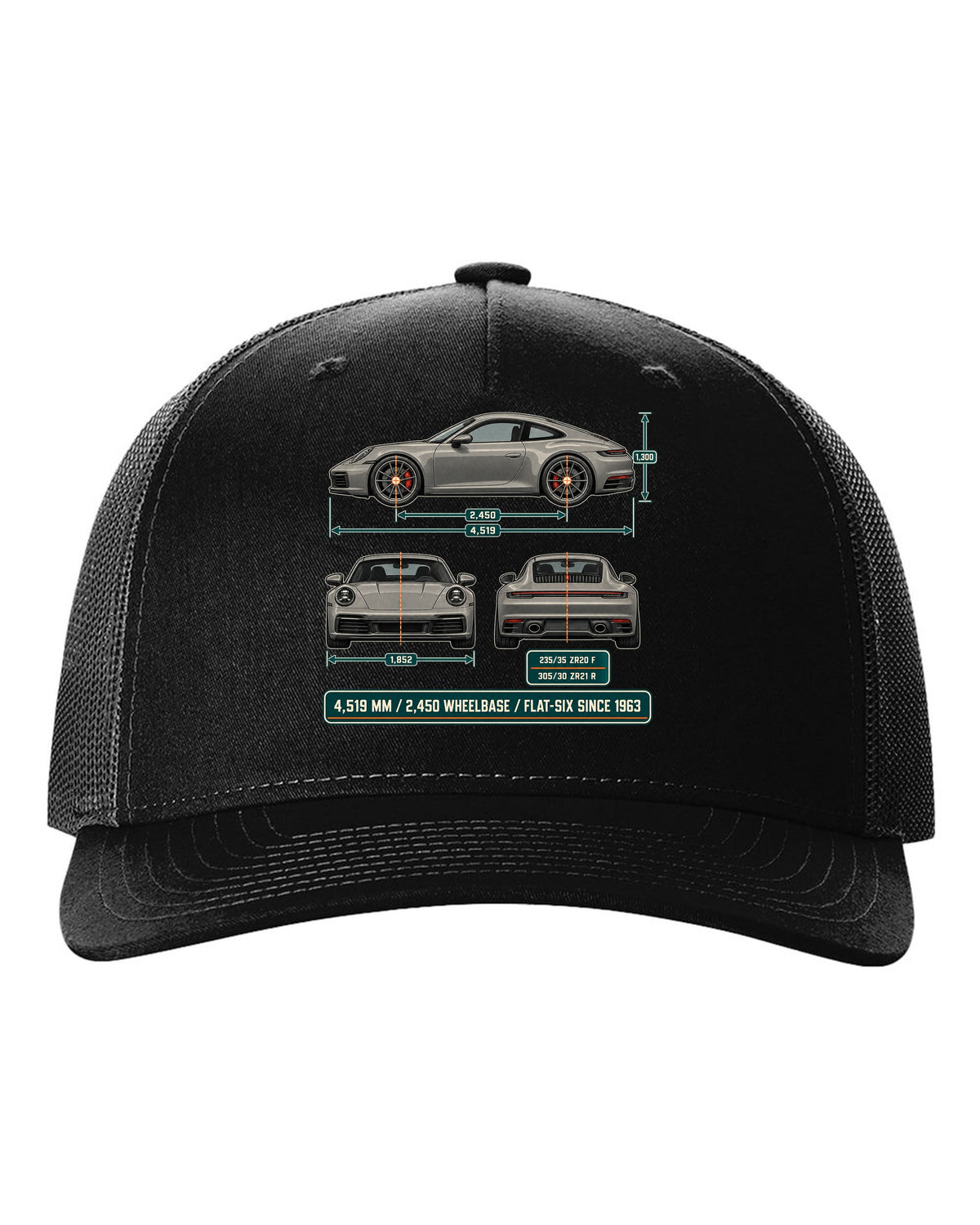 Dimension blueprint print of a Porsche 992 Carrera S with measurements black hat front view with the design
