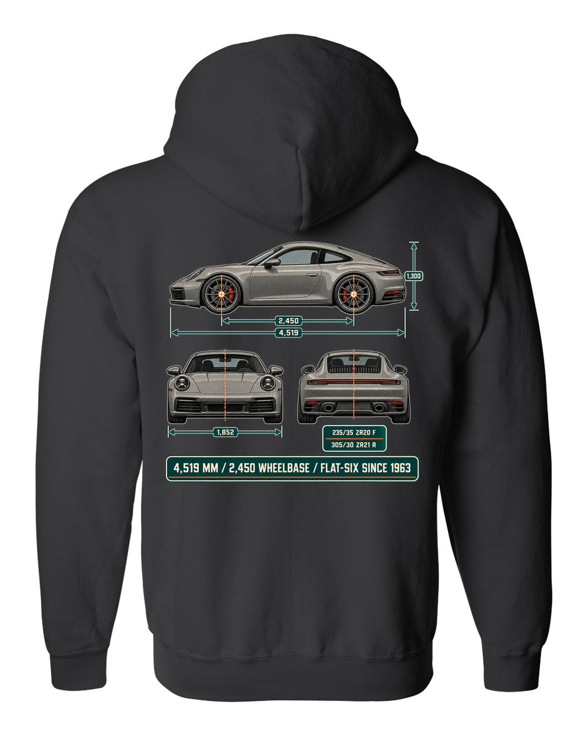 Dimension blueprint print of a Porsche 992 Carrera S with measurements black zip hoodie back view with the design