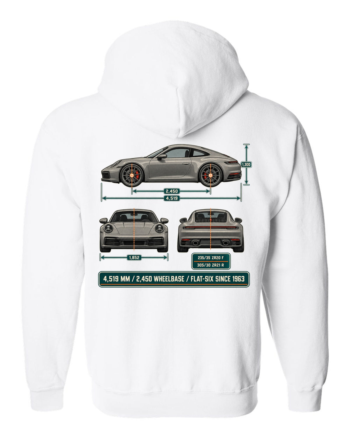 Dimension blueprint print of a Porsche 992 Carrera S with measurements white zip hoodie back view with the design