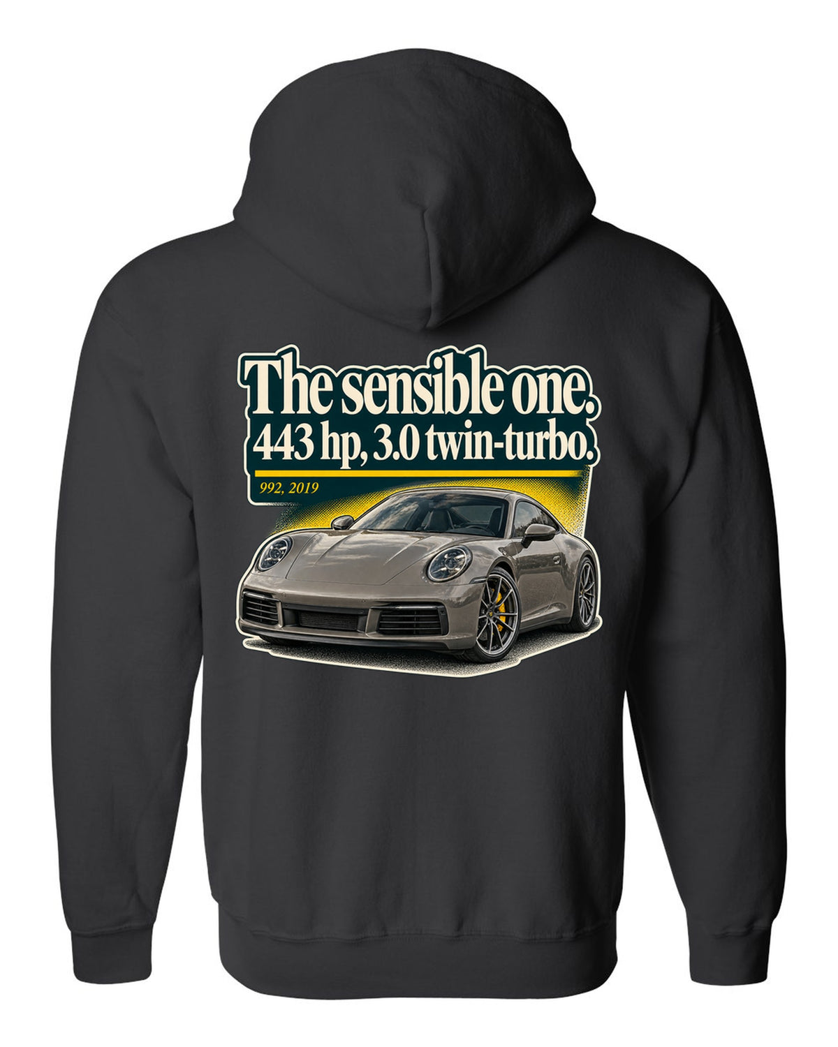 print of a Porsche 992 Carrera S coupe with an editorial headline layout black zip hoodie back view with the design