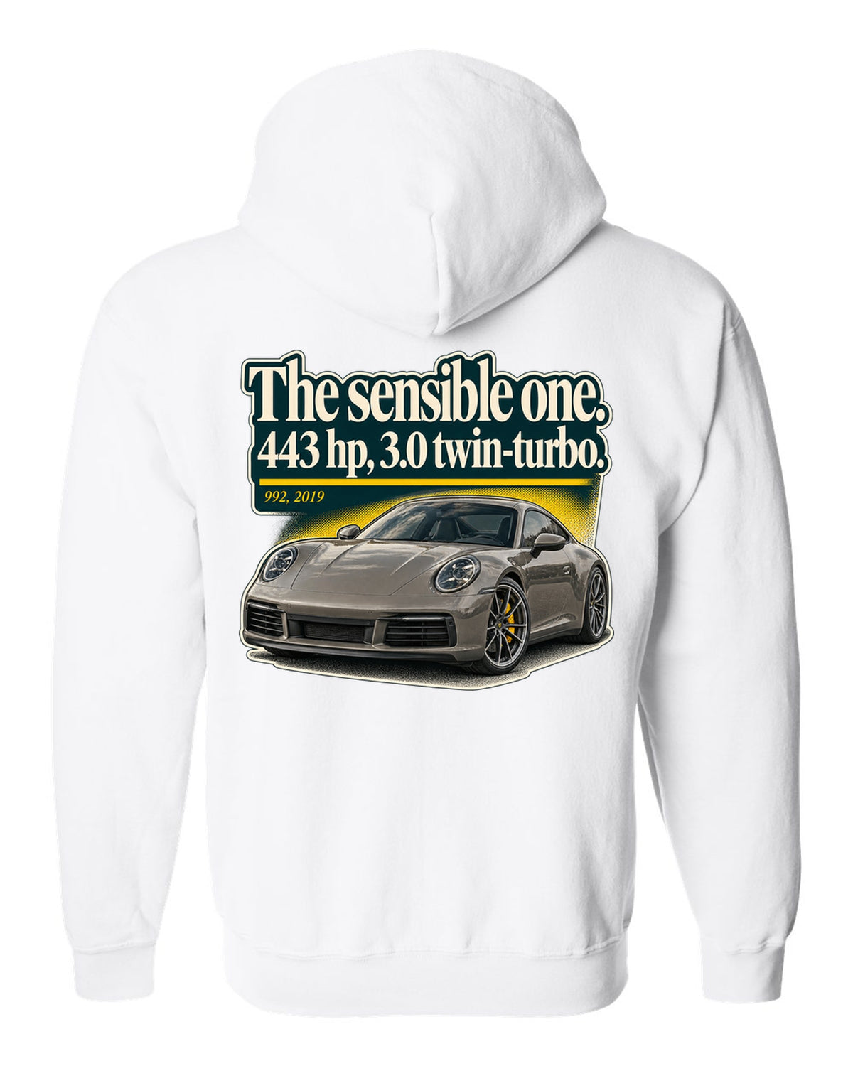 print of a Porsche 992 Carrera S coupe with an editorial headline layout white zip hoodie back view with the design
