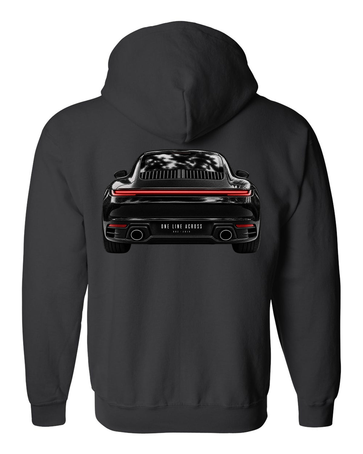 Taillight macro print of a 2019 Porsche 911 Carrera 992 rear light black zip hoodie back view with the design