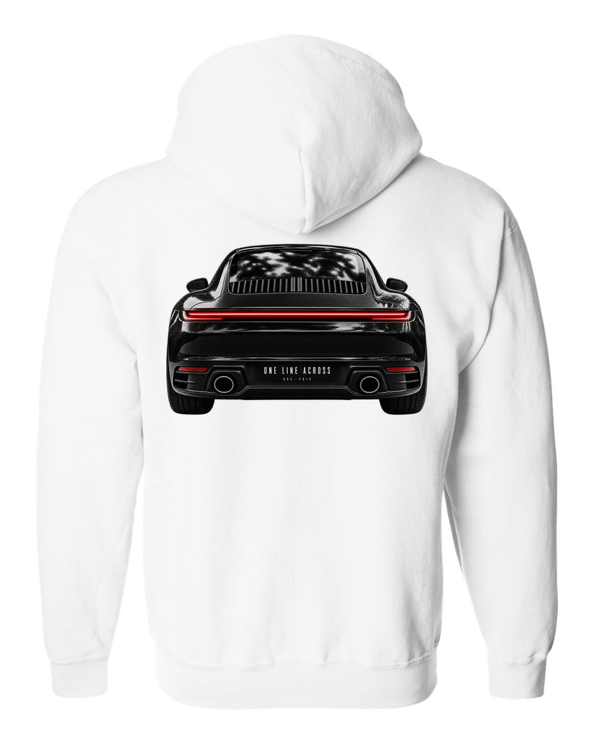 Taillight macro print of a 2019 Porsche 911 Carrera 992 rear light white zip hoodie back view with the design