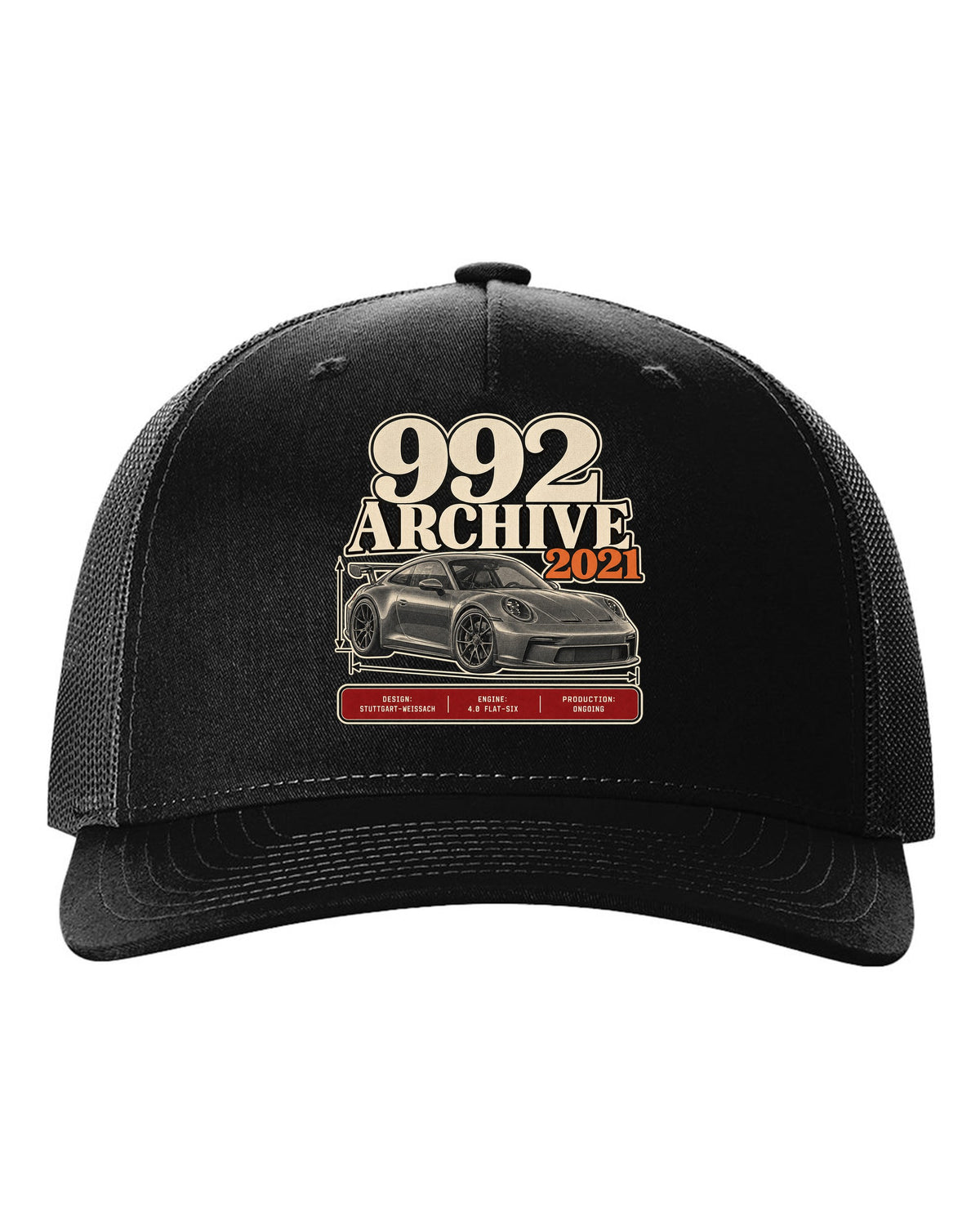 Porsche 992 GT3 archive panel print design black hat front view with the design