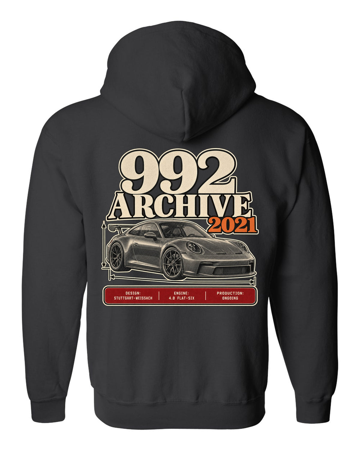 Porsche 992 GT3 archive panel print design black zip hoodie back view with the design