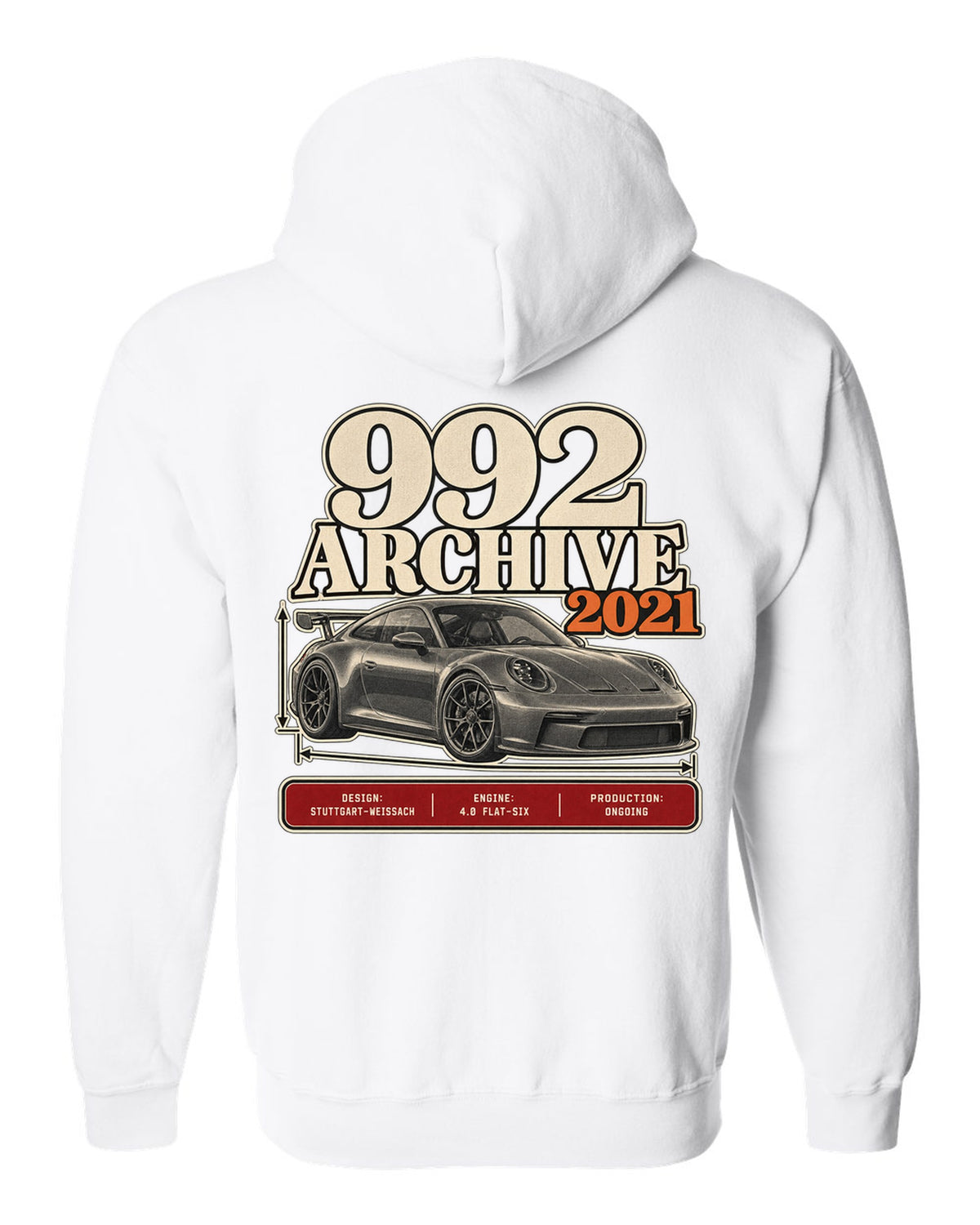 Porsche 992 GT3 archive panel print design white zip hoodie back view with the design