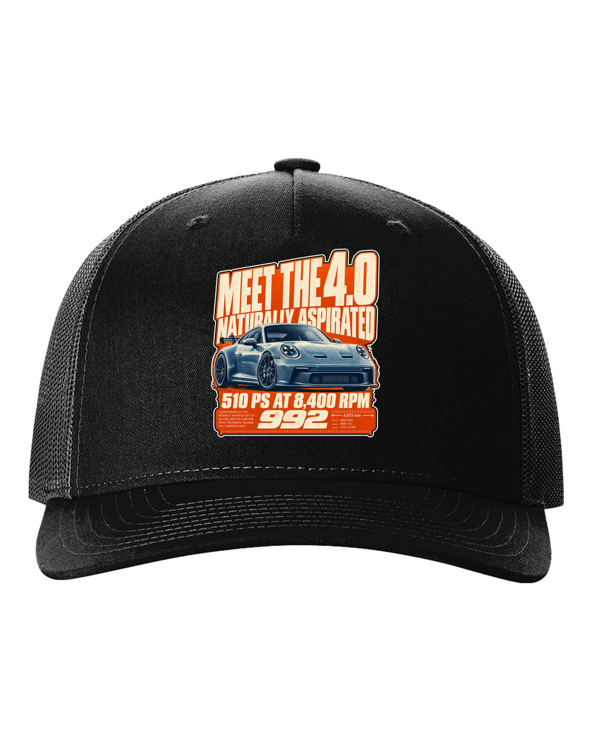 Porsche 992 GT3 halftone statement print design black hat front view with the design