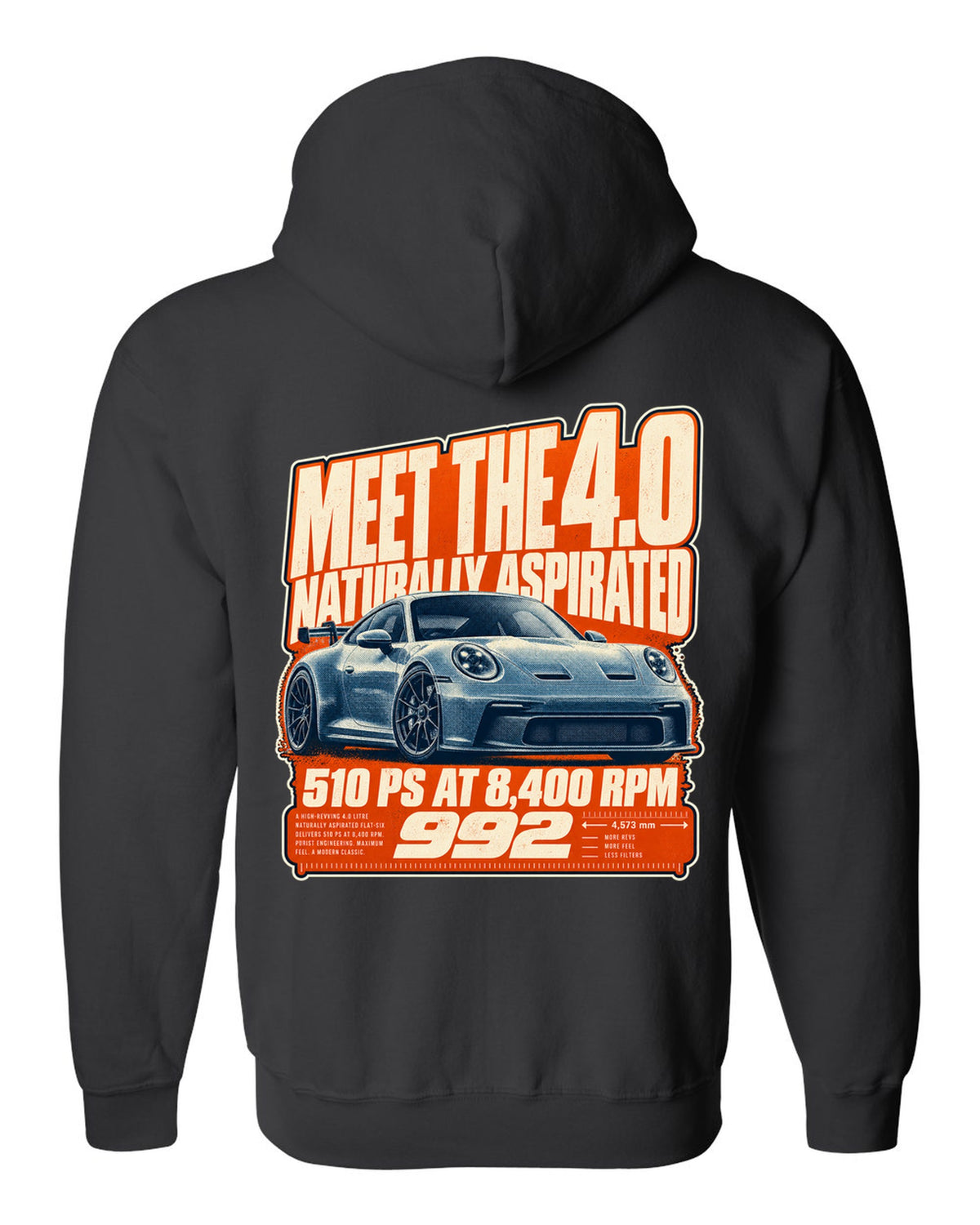 Porsche 992 GT3 halftone statement print design black zip hoodie back view with the design