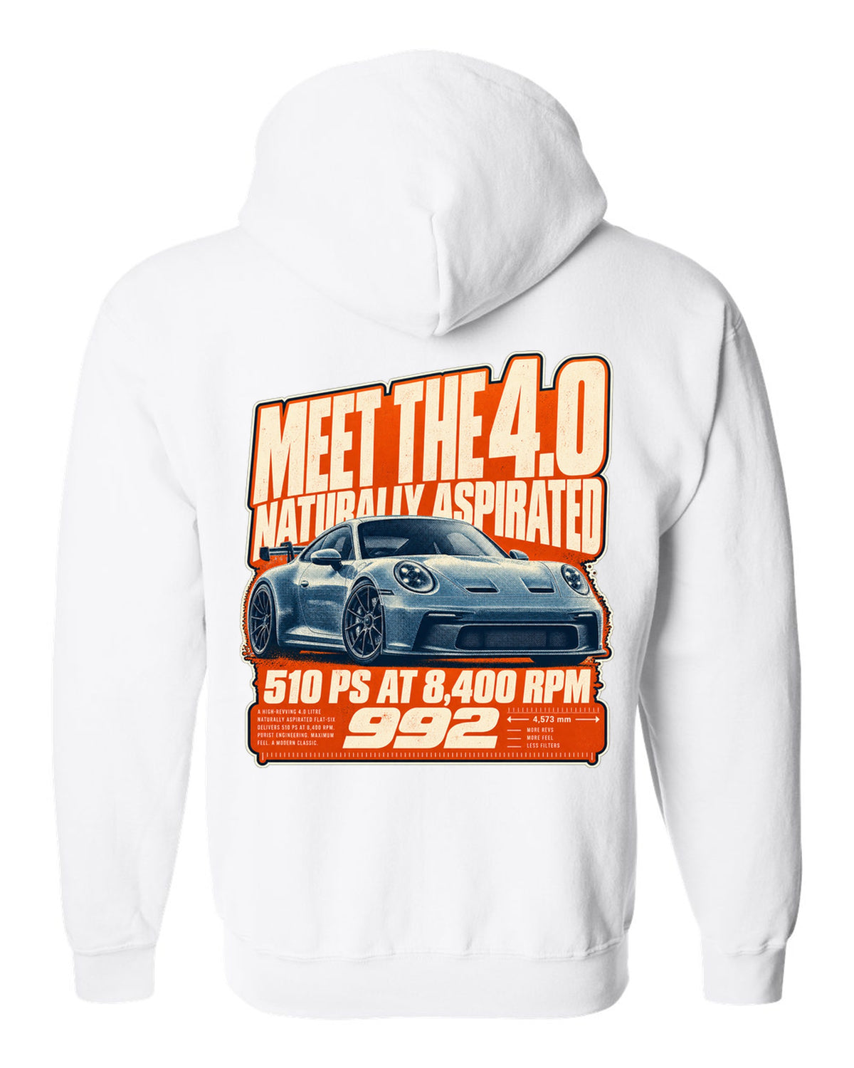 Porsche 992 GT3 halftone statement print design white zip hoodie back view with the design