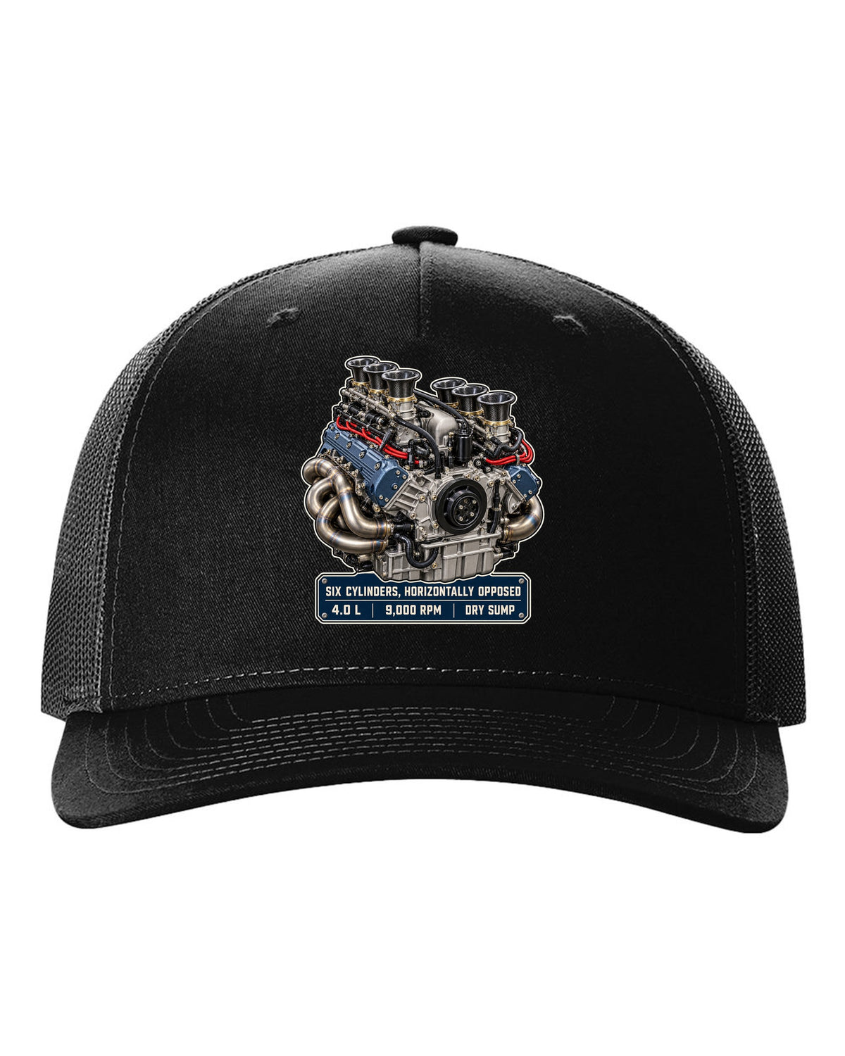 Porsche 992 GT3 RS 4.0 flat-six engine hero print design black hat front view with the design