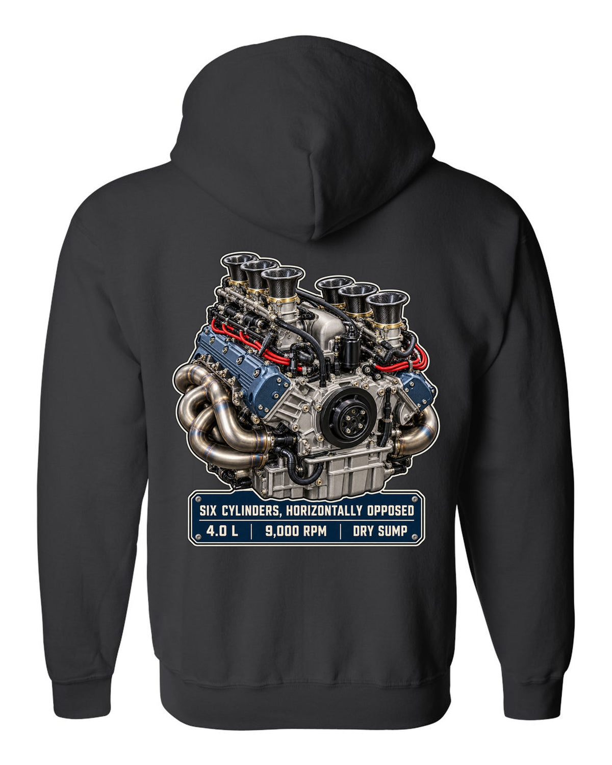 Porsche 992 GT3 RS 4.0 flat-six engine hero print design black zip hoodie back view with the design