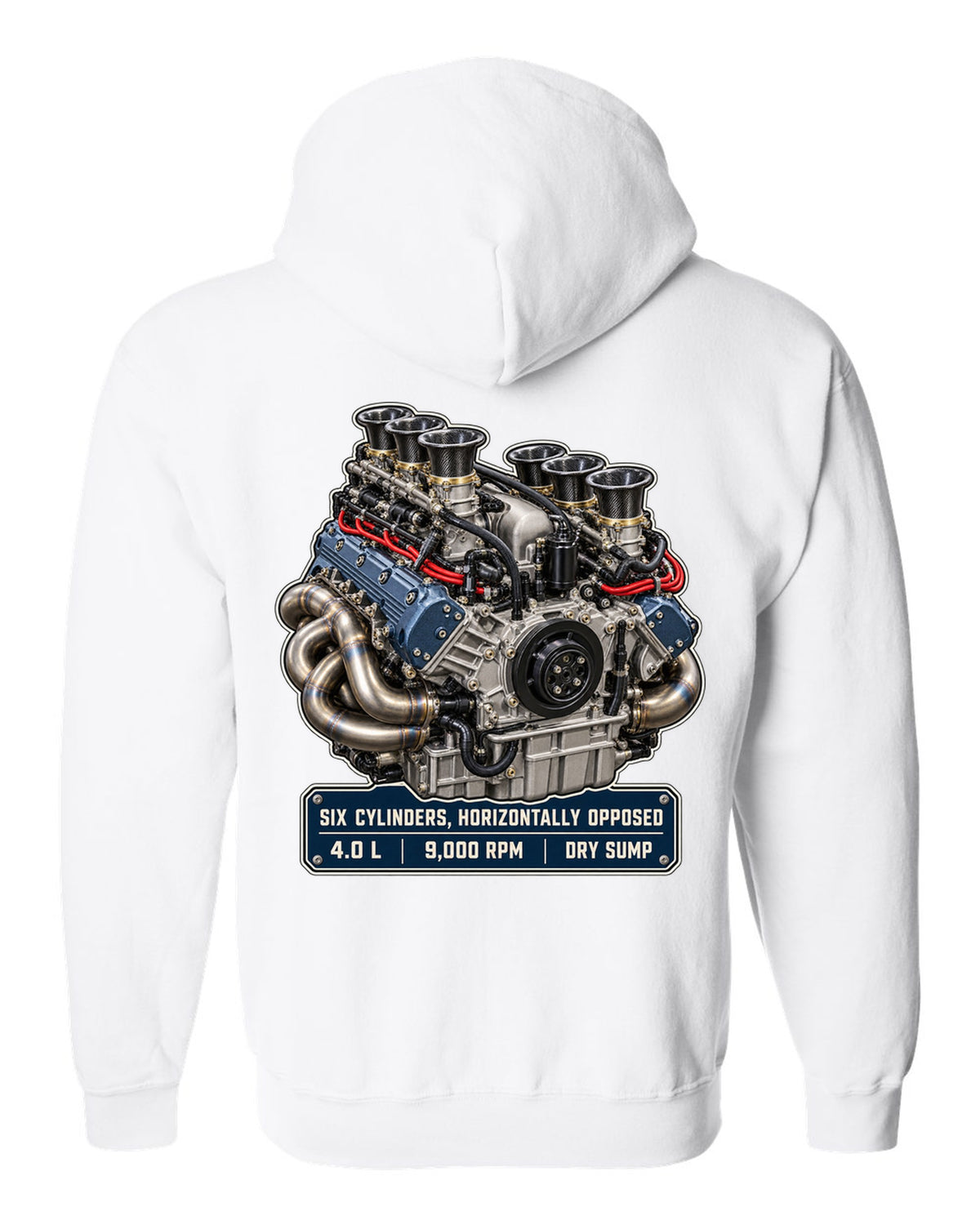Porsche 992 GT3 RS 4.0 flat-six engine hero print design white zip hoodie back view with the design