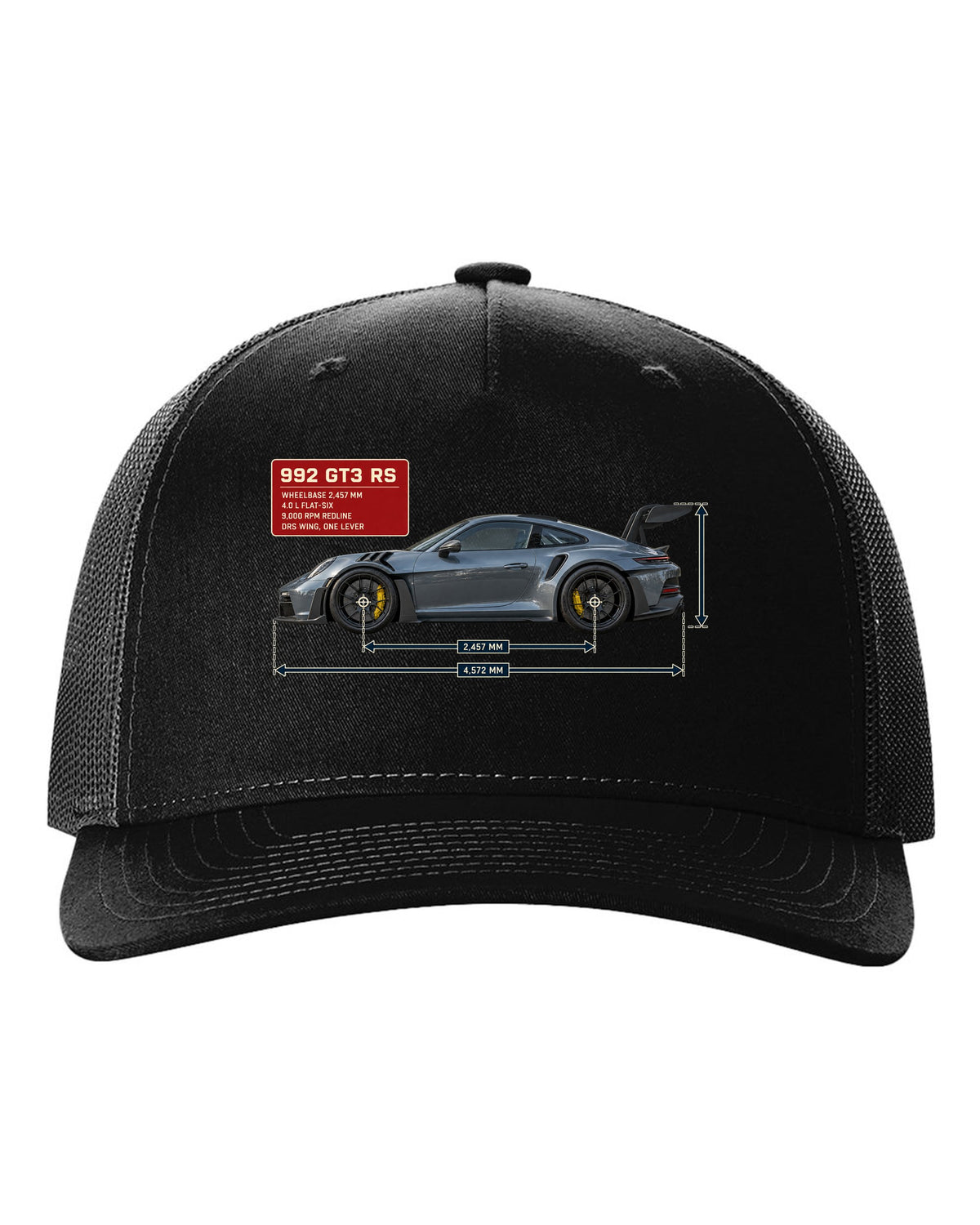 Porsche 992 GT3 RS dimension blueprint print design black hat front view with the design