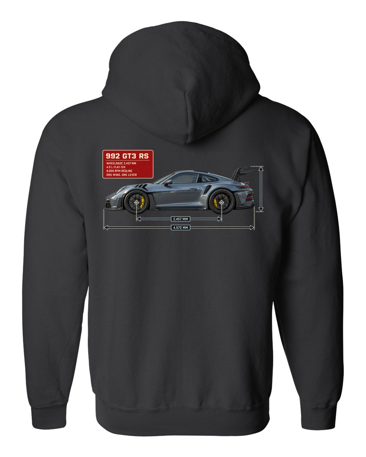Porsche 992 GT3 RS dimension blueprint print design black zip hoodie back view with the design