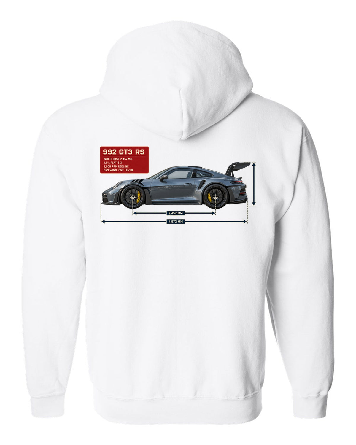 Porsche 992 GT3 RS dimension blueprint print design white zip hoodie back view with the design