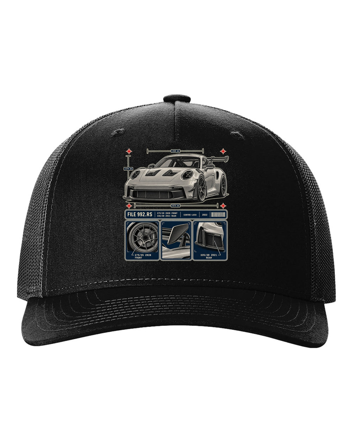 Porsche 992 GT3 RS dossier panels print design black hat front view with the design