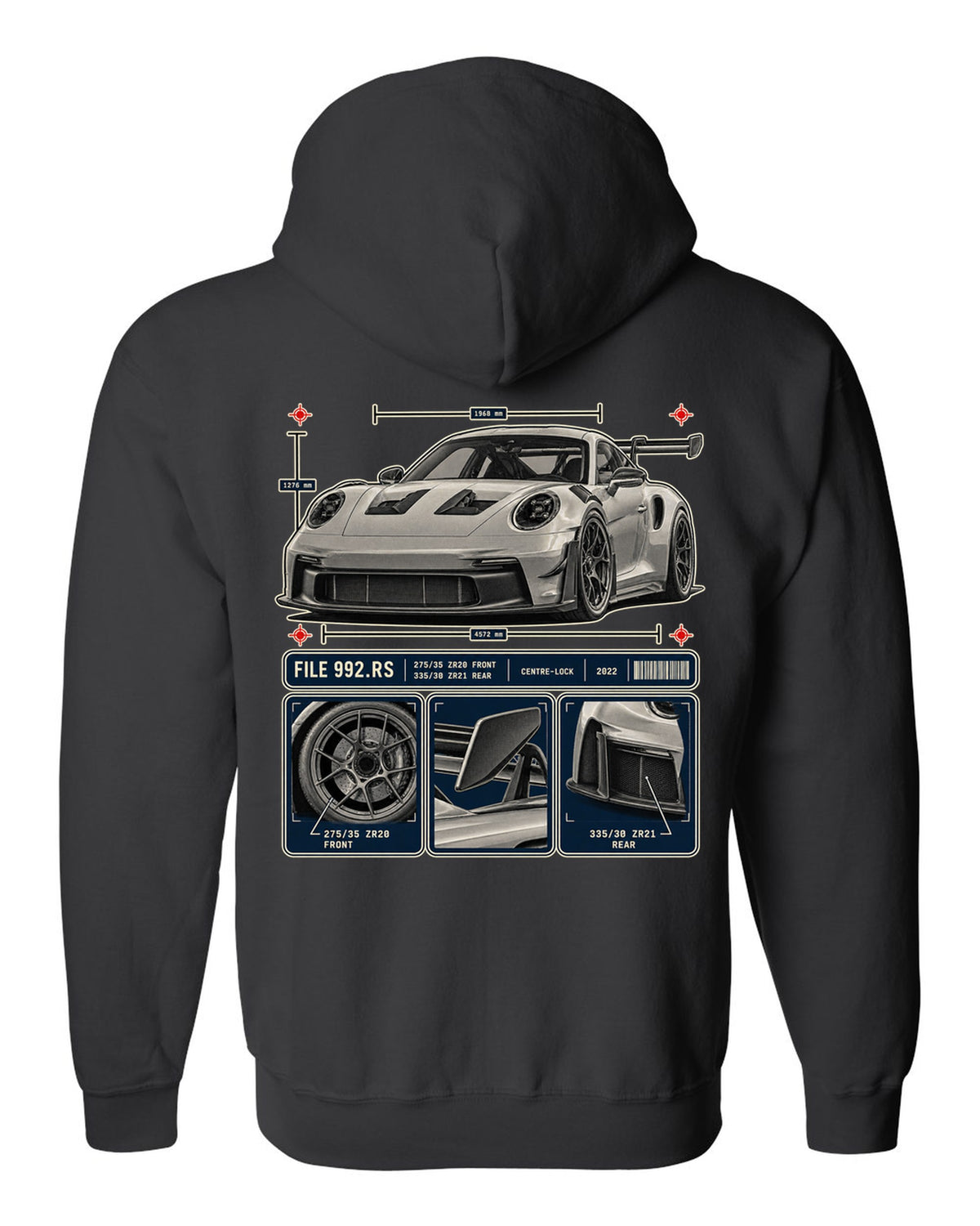 Porsche 992 GT3 RS dossier panels print design black zip hoodie back view with the design