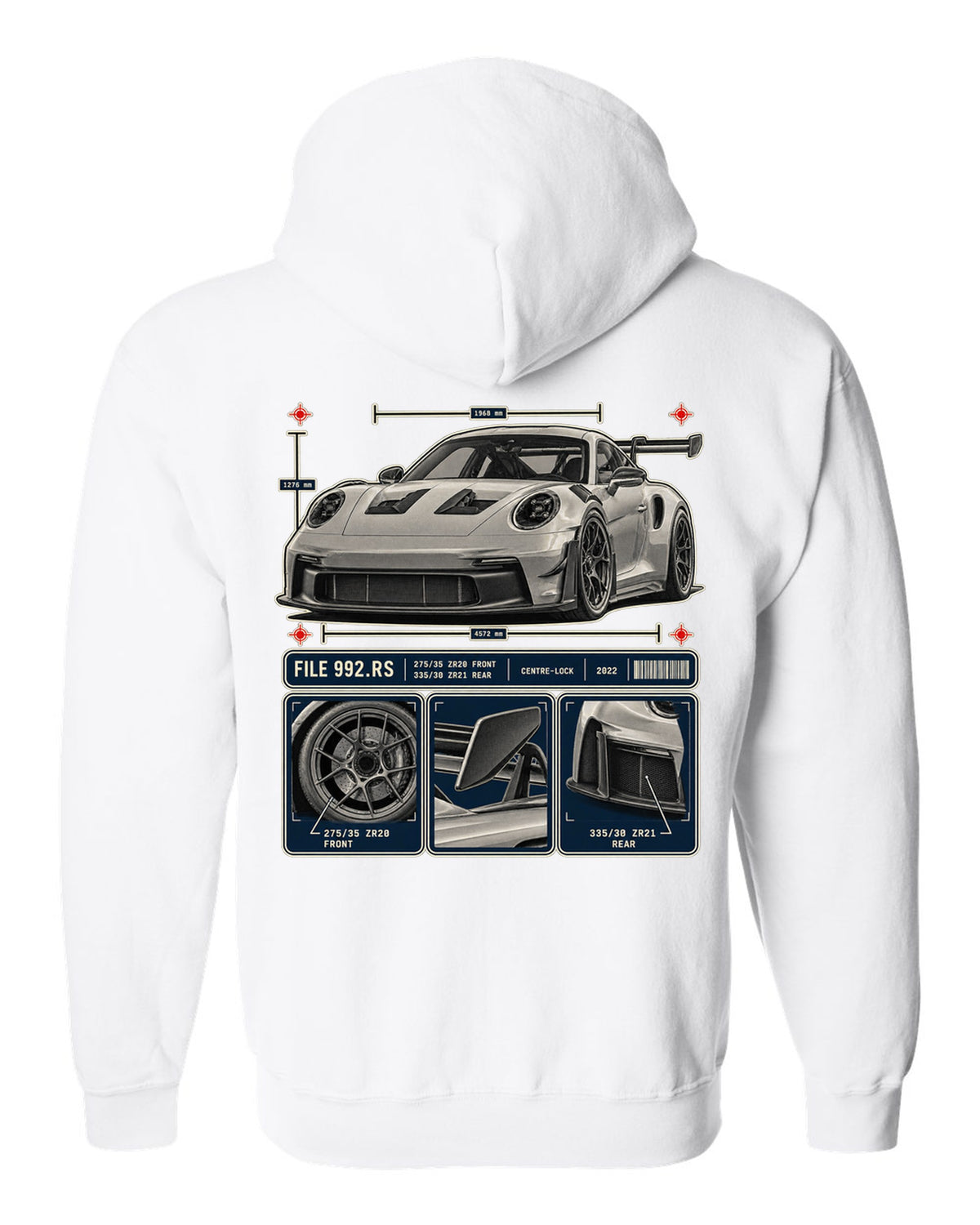 Porsche 992 GT3 RS dossier panels print design white zip hoodie back view with the design