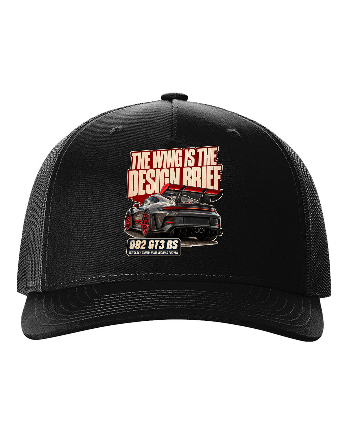 Porsche 992 GT3 RS editorial headline print design black hat front view with the design