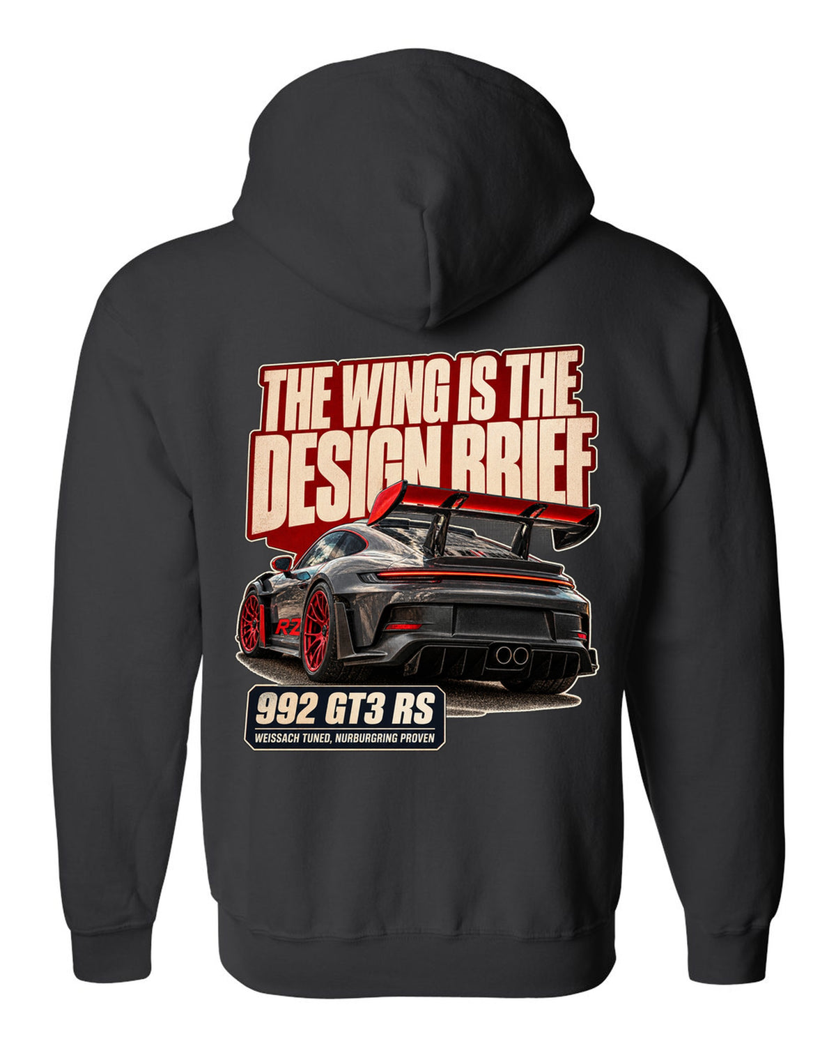 Porsche 992 GT3 RS editorial headline print design black zip hoodie back view with the design