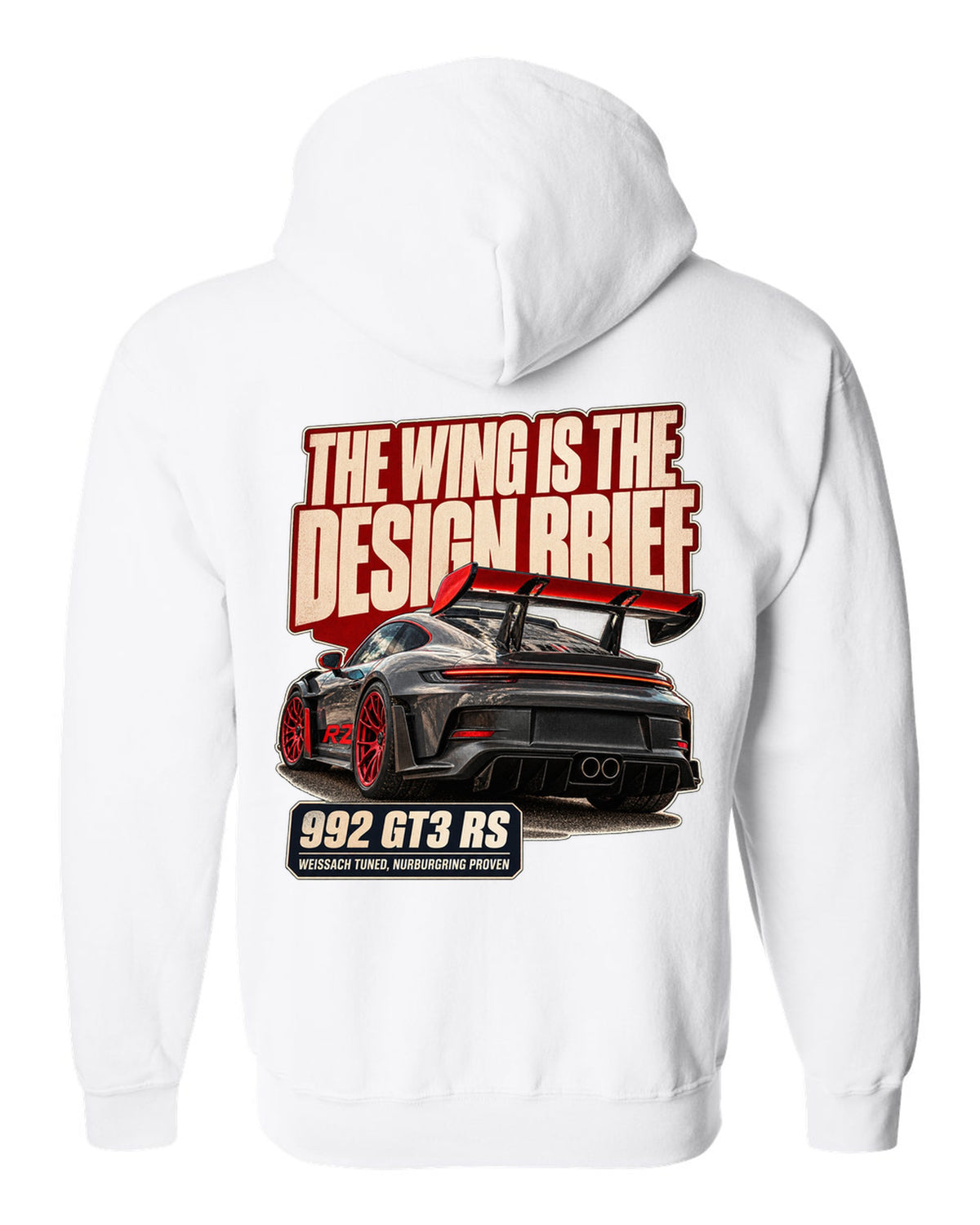 Porsche 992 GT3 RS editorial headline print design white zip hoodie back view with the design
