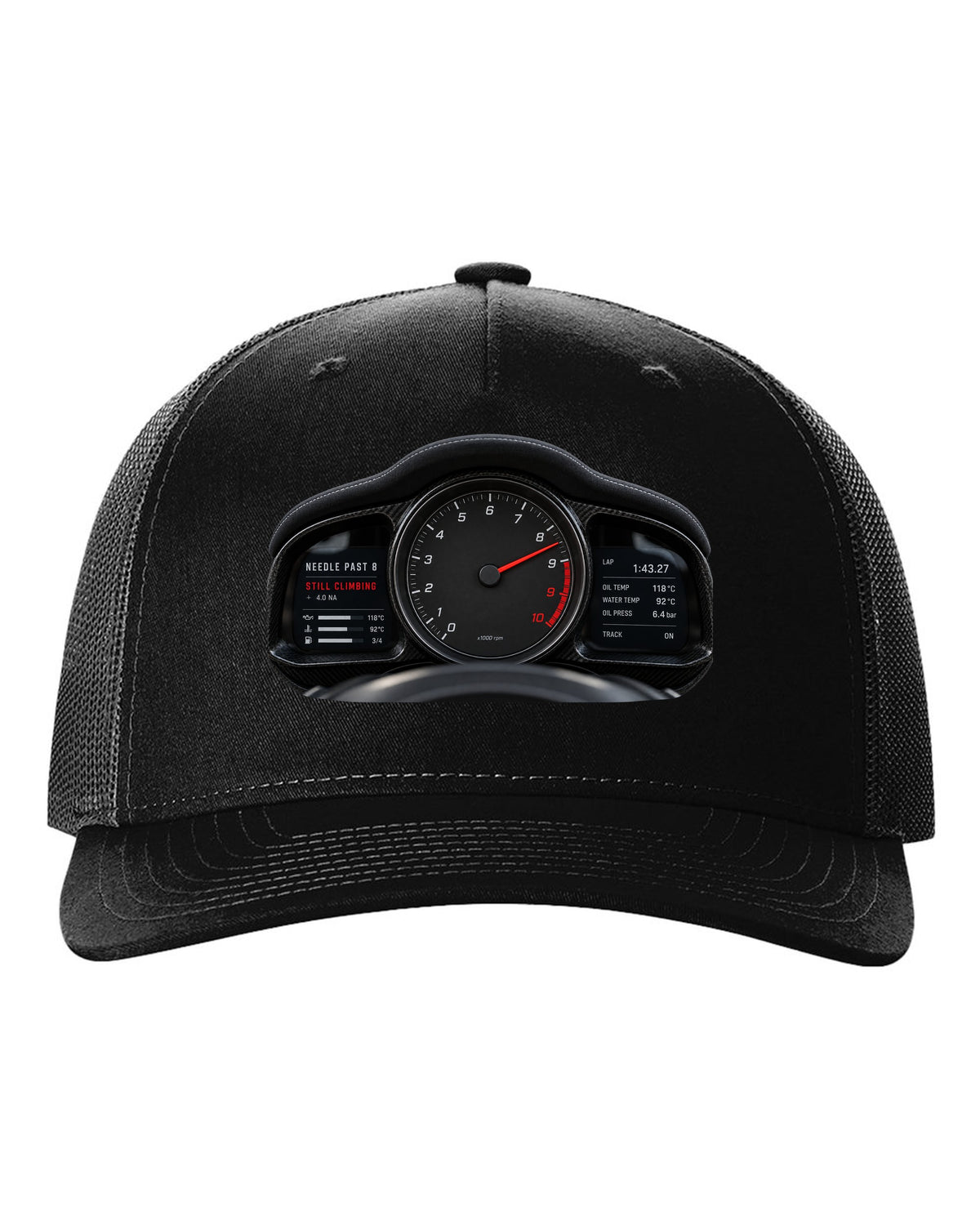 Cockpit gauge print of a 2022 Porsche 911 GT3 RS 992 tachometer past 8 black hat front view with the design