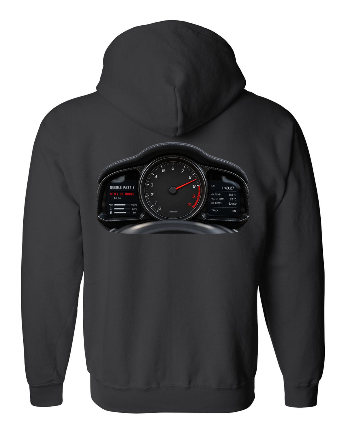 Cockpit gauge print of a 2022 Porsche 911 GT3 RS 992 tachometer past 8 black zip hoodie back view with the design