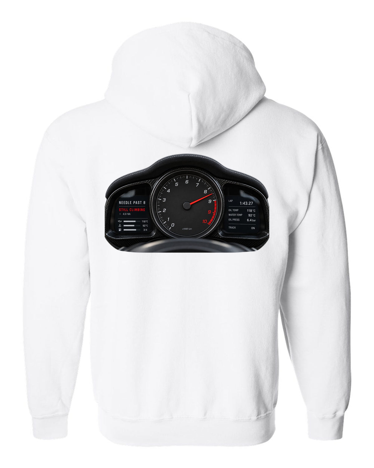 Cockpit gauge print of a 2022 Porsche 911 GT3 RS 992 tachometer past 8 white zip hoodie back view with the design