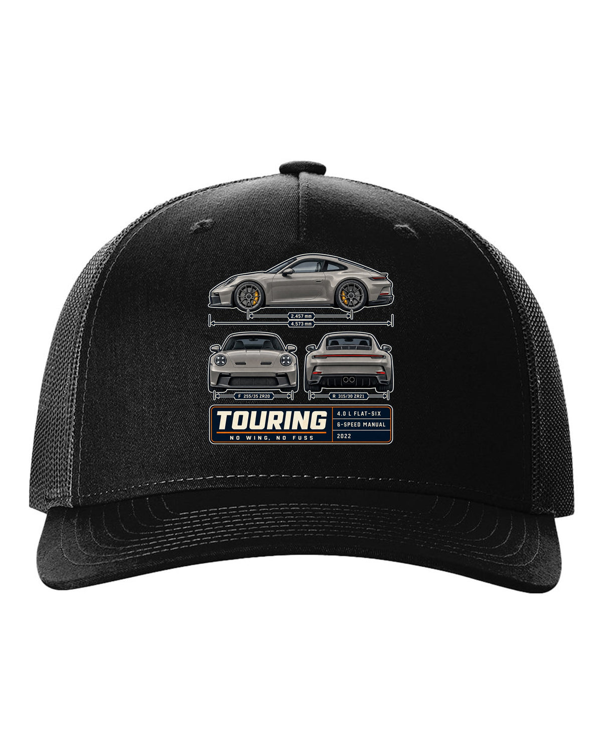 Porsche 992 GT3 Touring three-view spec table print design black hat front view with the design