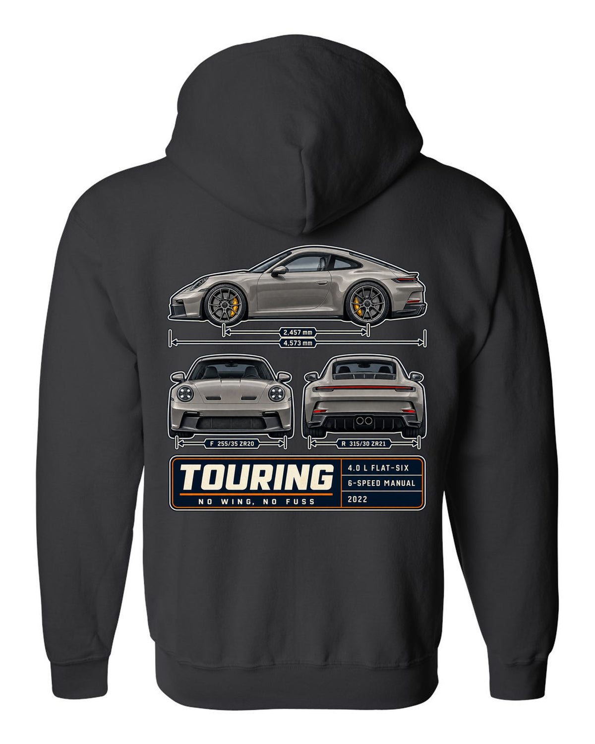 Porsche 992 GT3 Touring three-view spec table print design black zip hoodie back view with the design
