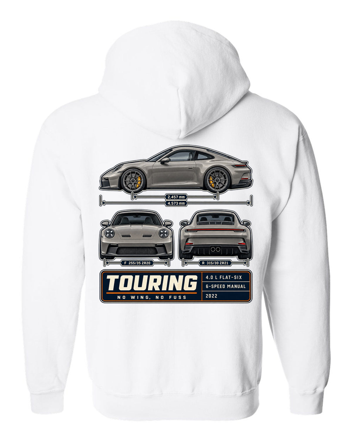 Porsche 992 GT3 Touring three-view spec table print design white zip hoodie back view with the design