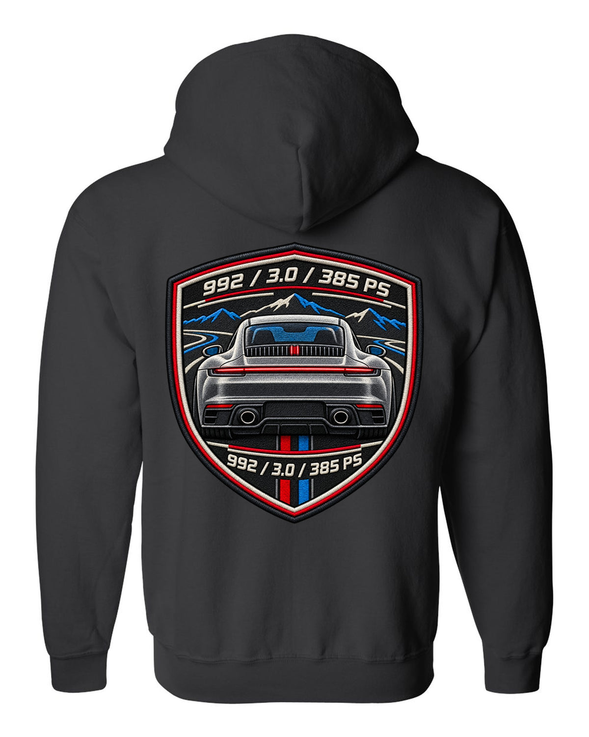 Round crest print of a Porsche 911 992 with the text 992, 3.0 and 385 PS black zip hoodie back view with the design
