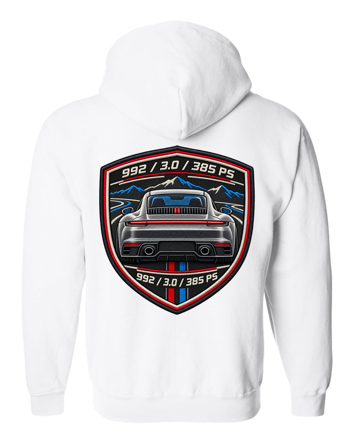Round crest print of a Porsche 911 992 with the text 992, 3.0 and 385 PS white zip hoodie back view with the design