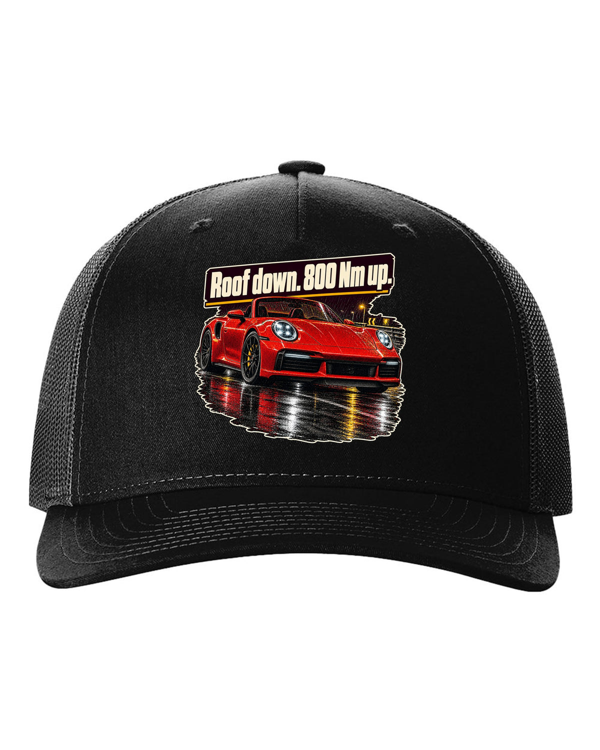 Night street print of a Porsche 992 Turbo S Cabriolet with roof down black hat front view with the design